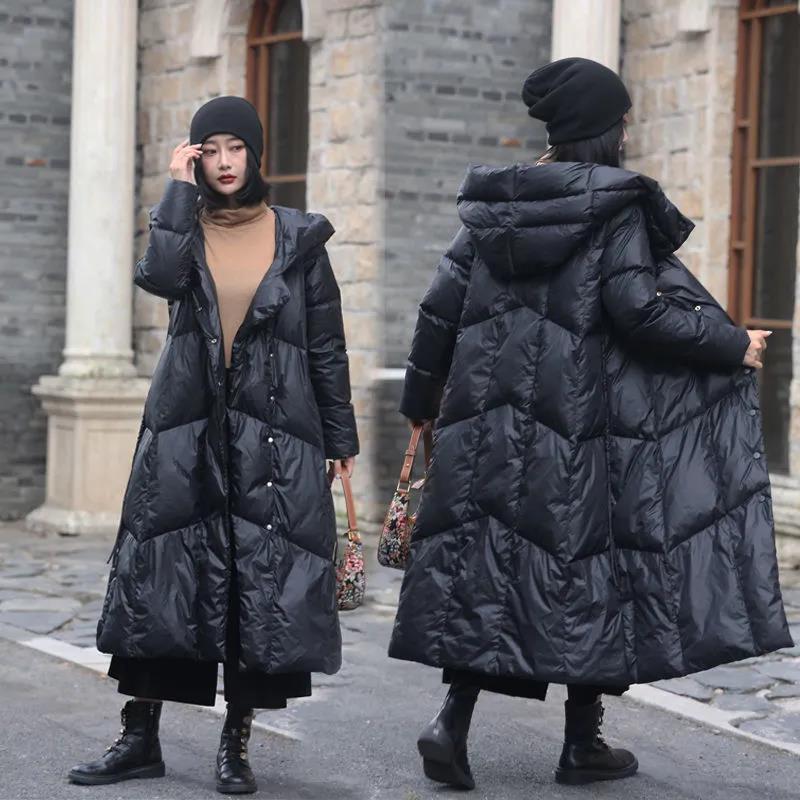 Long Down Jacket Fashion Literary Print Hooded Cotton Jacket Lengthened Thick Loose Plus Size Windbreaker Jacket