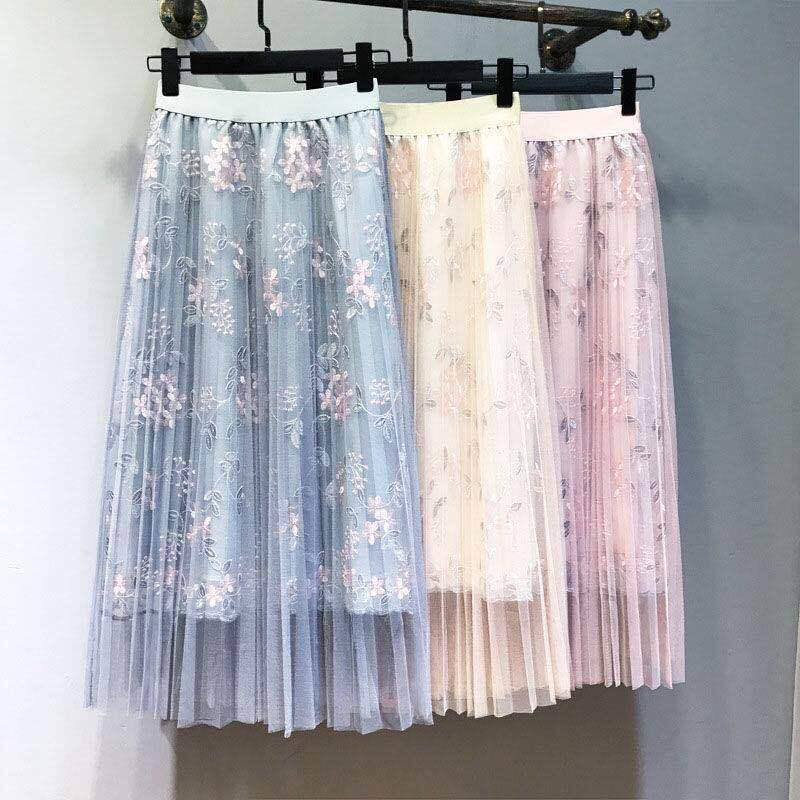 Long Lace Skirt Pink/gray/apricot Midi Ladies Skirt Women High Waist Korean Skirt Elastic Waist Long Skirt Clothes
