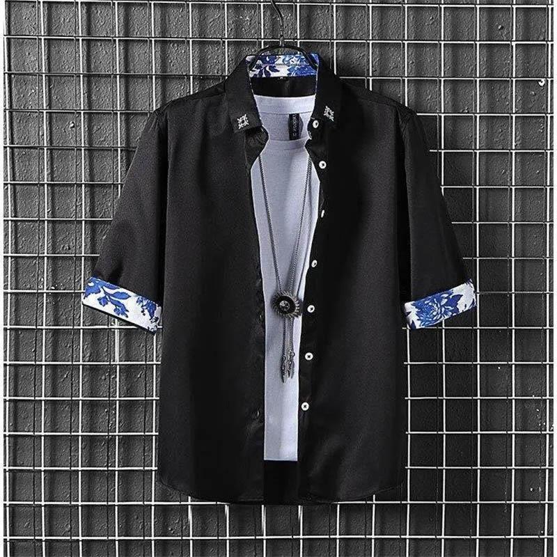 Spring and Summer New Men's Short-sleeved Floral Shirt Can Be Turned Five-quarter Sleeve Half-sleeved Shirt Clothes Men's