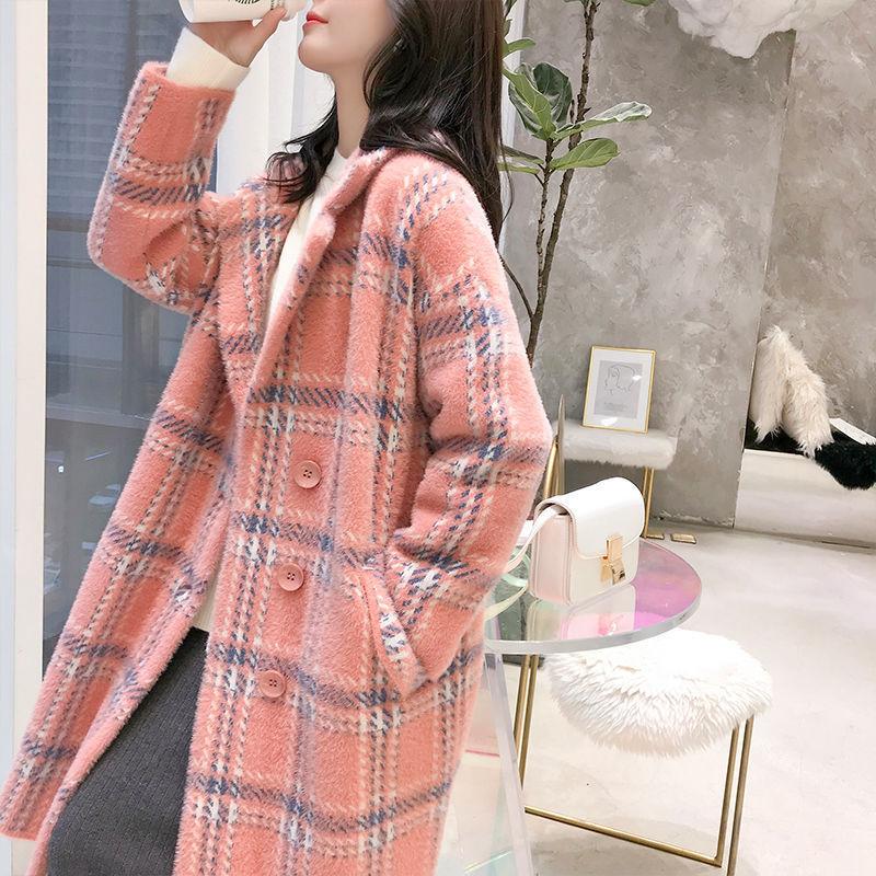 Winter High-end Imitation Mink Fur Coat All-match  Women's Mid-length Plus Cotton Slim Cardigan Plaid  Women's Loose Thick Knitted Coat