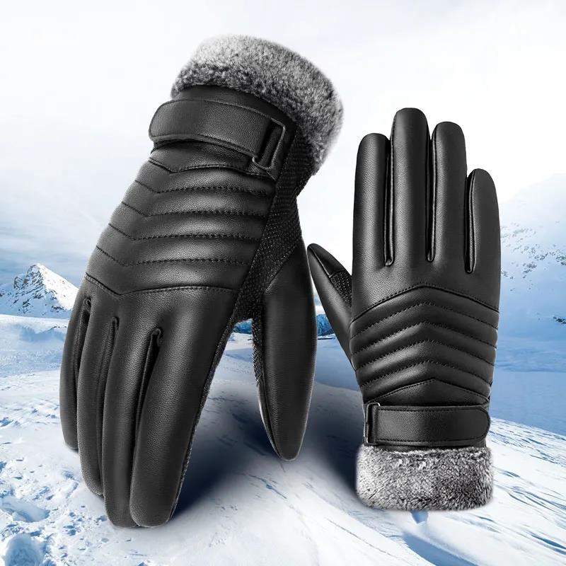 Men's Winter Cycling Gloves Leather Waterproof Touch Screen Gloves Thickened Plus Velvet Gloves