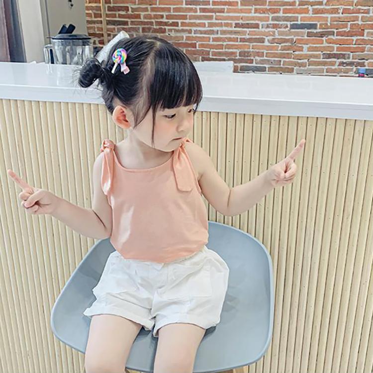 Summer Kids Cute Solid Vest Sleeveless Bow Tops Korean Style Slash Neck Loose Camisole Inside Out for Children Girls