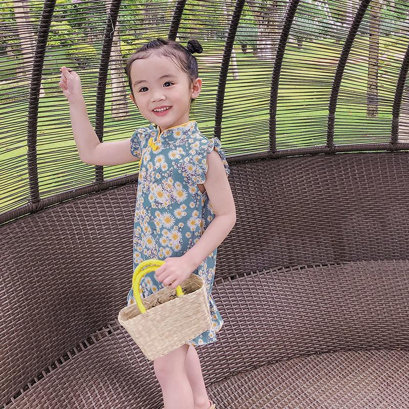 Spring and Summer Girls, Small and Medium-sized Children Western Style Floral Lotus Leaf Princess Dress Flying Sleeve Cheongsam Dress One-piece Skirt