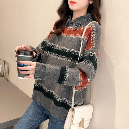 Fake Two Piece Stitching Shirt Denim Collar Sweater Women Autumn and Winter Korean Loose Fashion All-match Blouse Women