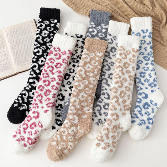 3 Pairs of Leopard-print Coral Fleece Socks Women's Calf Socks Furry Winter Sleep Socks Plus Velvet Thick Warm Stockings