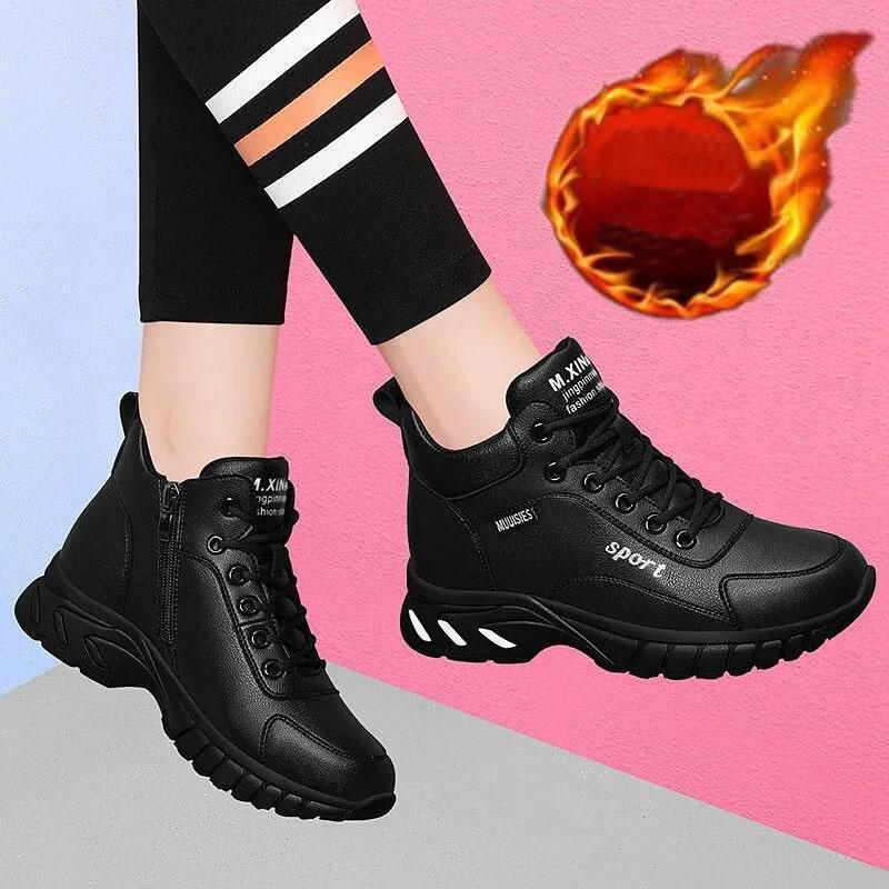 Winter Plus Velvet Sports Shoes Women's Shoes All-match Running Shoes Women's Casual Shoes Thick-soled Non-slip Flat Leather Shoes