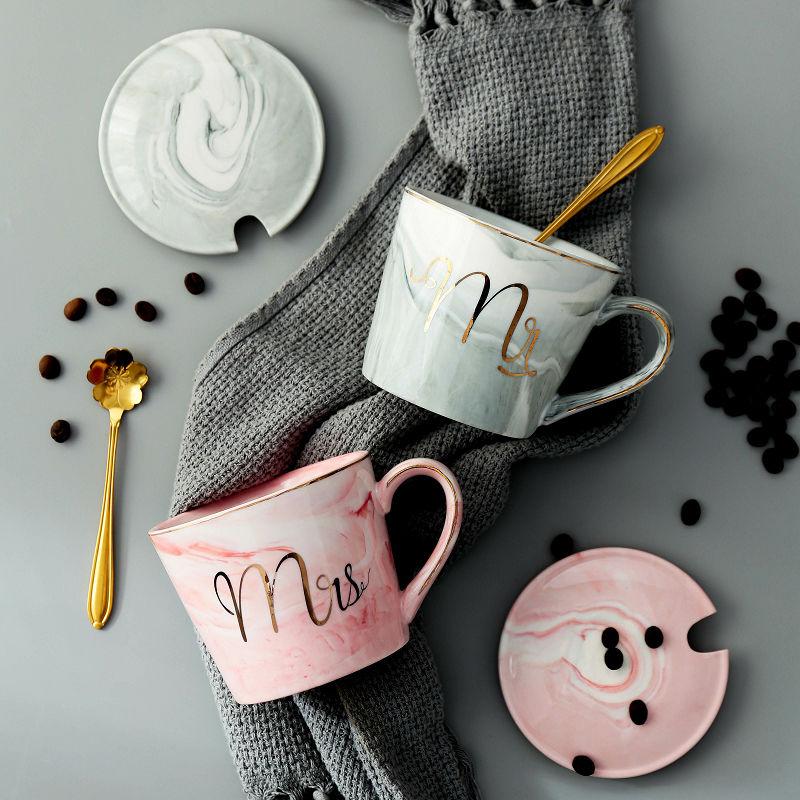 European Style Simple and Creative Personality Ceramic Coffee Cup with Lid Spoon Boys and Girls Office Home Drinking Mark Cup