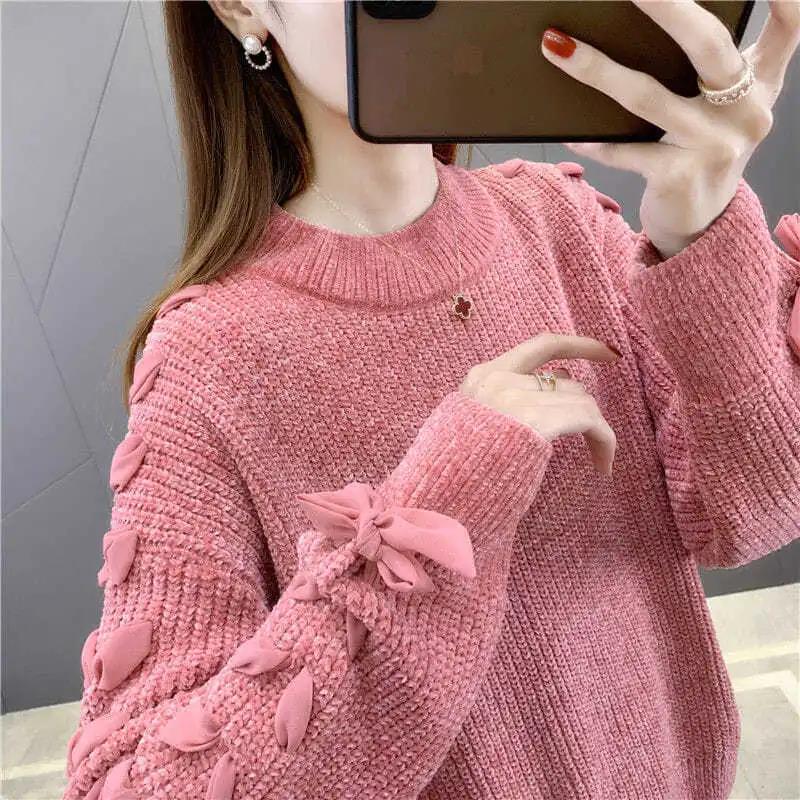 Fleece Chenille Crew Neck Sweater Tie Bow Long Sleeve Knit Sweater Solid Color Loose Oversized Sweater