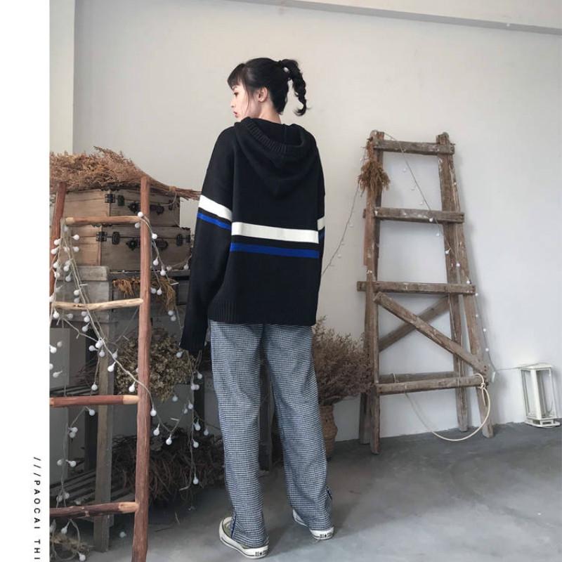 Pofulove Autumn Winter ins Hooded Sweater Schoolgirl Loose Harajuku bf Lazy Knit Pullover Top