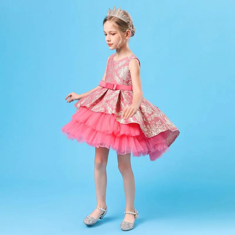 Lace Embroidery Formal Sleeveless Wedding Gown Tutu Princess Dress Flower Girls Children Clothing Kids Party for Girl Clothes