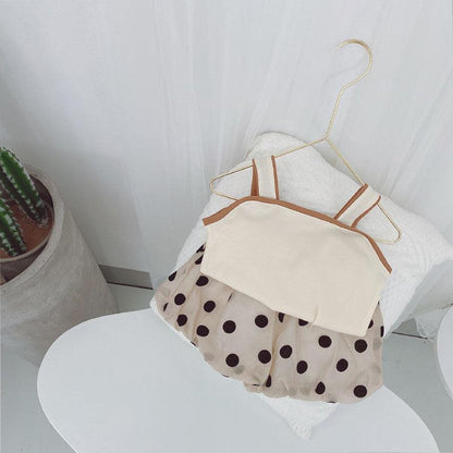 2PCS Children Clothing Set Spring Summer Sling Girls Suits Wave Point Sleeveless Tops + Pants Clothing Set