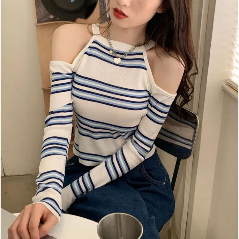 Design Striped Long-sleeved T-shirt Women Halter Neck Slant Button Off-shoulder Cropped Top Knitted Sweater