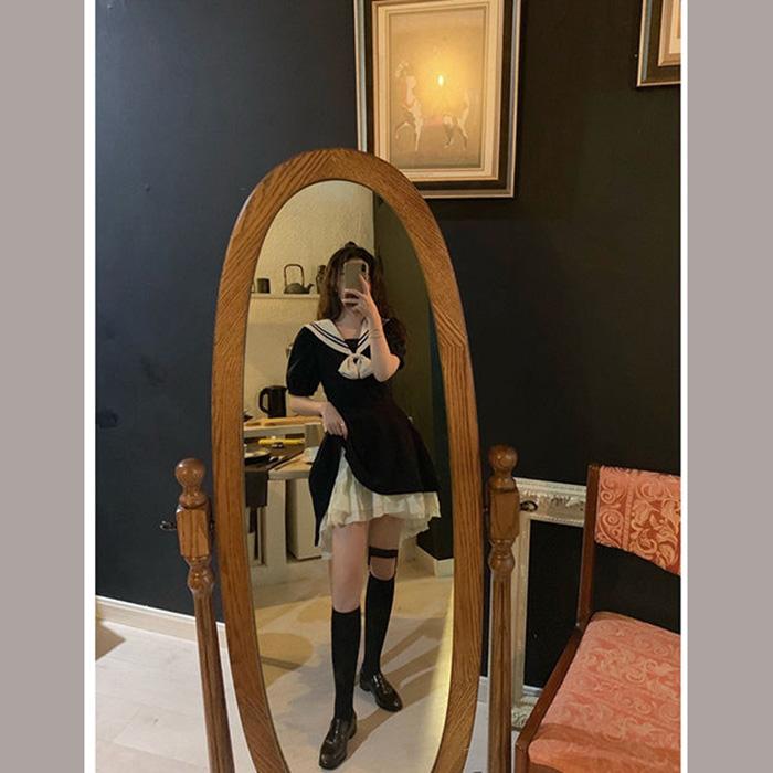 Lolita Sailor Suit Solid Color Cute Sweet Girl College Style Age Reduction Looser  Short Sleeve Dress