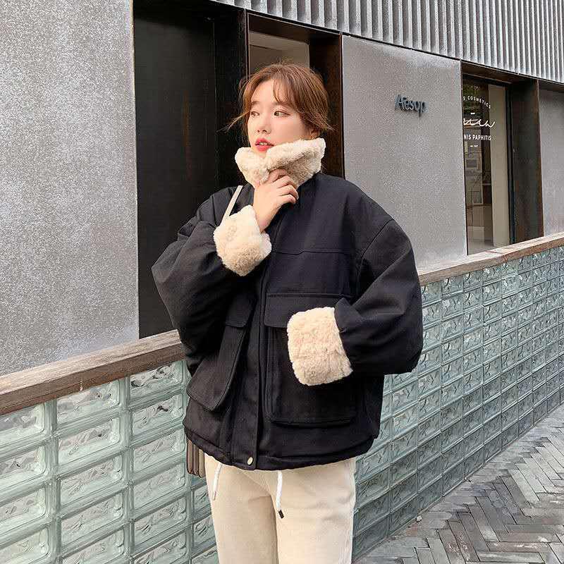 Women's Cotton-padded Jacket Japanese Sweet Coat Women's Lamb Wool Bread Coat Loose Women's Short Plus Velvet Warm Cotton-padded Coat