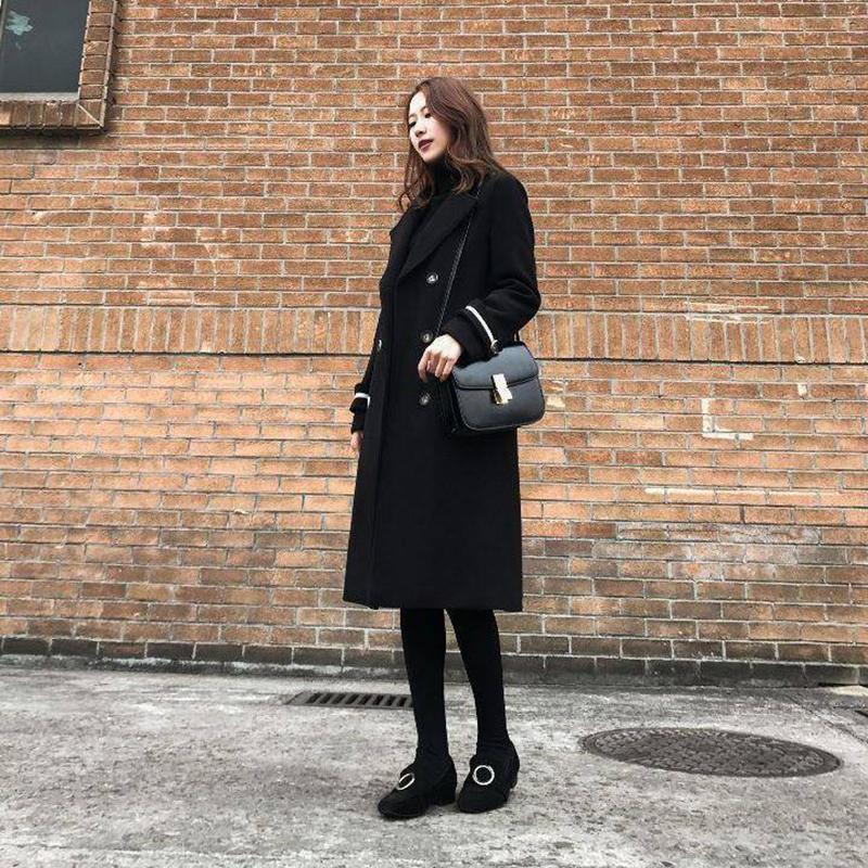 Black Women's Mid-length Woolen Coat Looks Thin In Autumn and Winter Straight Over The Knee Thick Coat