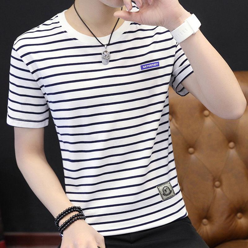 Round Neck Short-sleeved T-shirt Male Striped Short-sleeved Male Youth Casual All-match Top