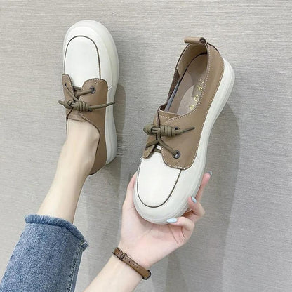 Autumn Color-blocking Flat Shoes Women's Soft Leather Korean Style Retro Casual Sneakers Girls Shallow Mouth Leather Shoes Casual Shoes