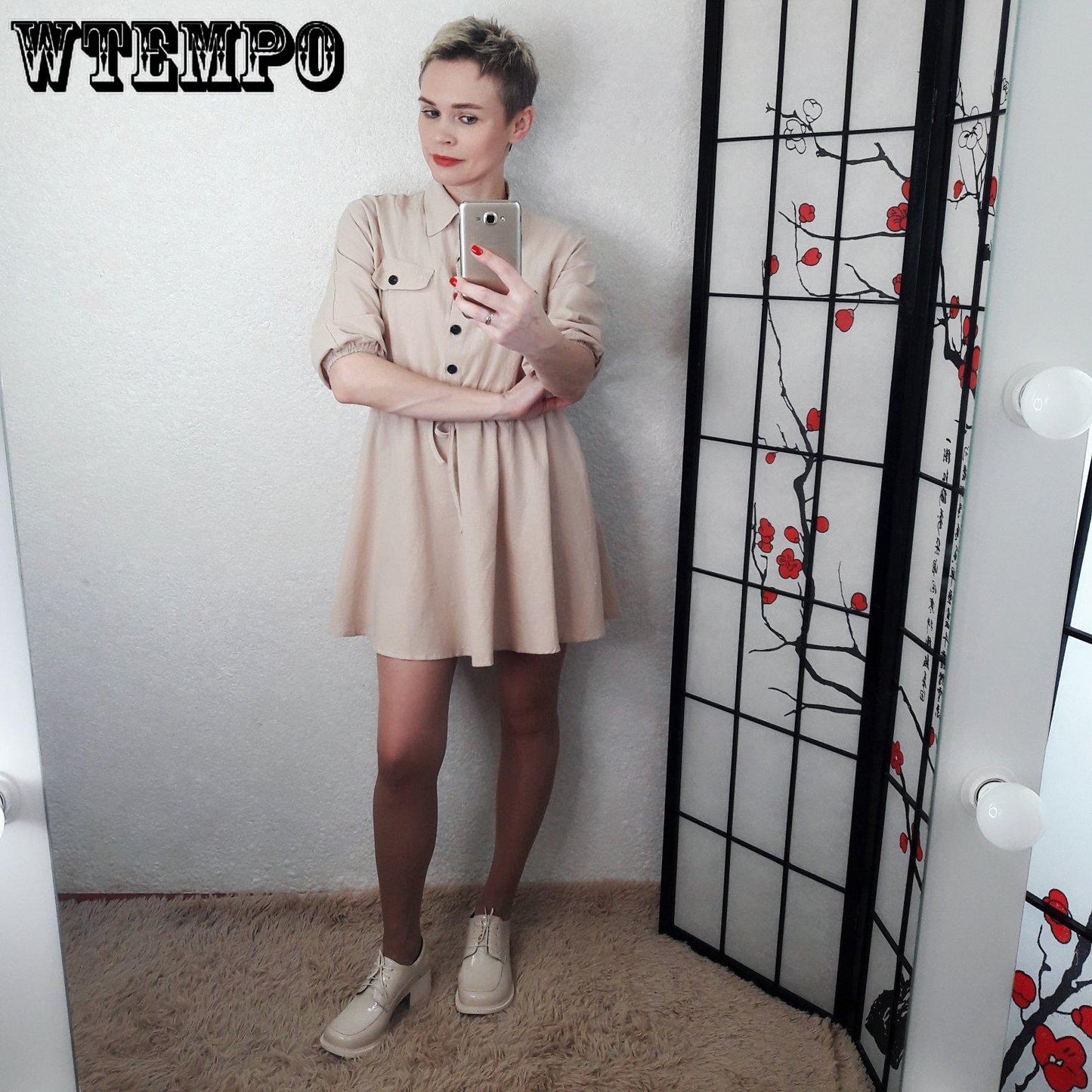 Solid Womens Mini Dress Long Sleeve Pocket Loose Dresses Ladies Autumn Casual Retro Vestidos