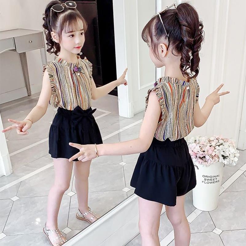 2PCS Children Clothing Set Spring Summer Girls Suits Printing Sleeveless Stripe Tops + Pants Clothing Set