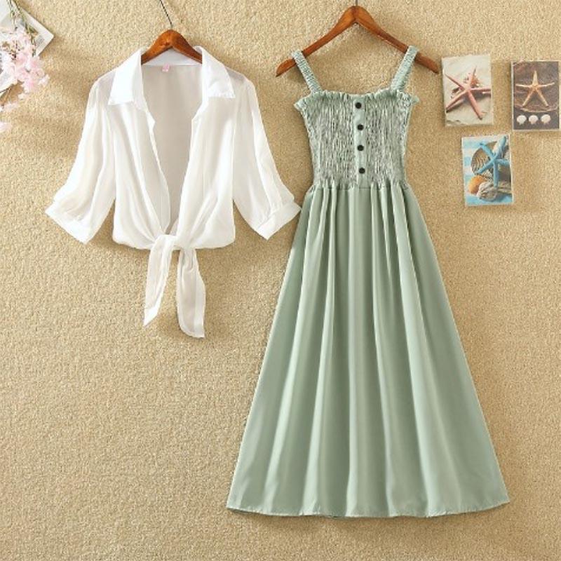 Solid Color Niche Retro High Waist Slim Bottoming Suspender Dress Two-piece Female Student Suit Skirt