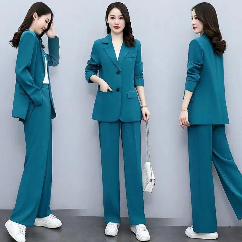 2PCS Women's Spring Suit Suit Professional Wide Leg Pants + Loose Jacket Two-piece Ladies Casual Elegant Suit