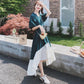 Mid-calf S-XL T-shirt Dress with Belt Loose Turn-down Collar Casual Irregular Ruffle Hem Dress