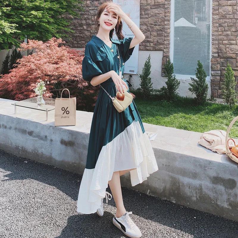 Mid-calf S-XL T-shirt Dress with Belt Loose Turn-down Collar Casual Irregular Ruffle Hem Dress