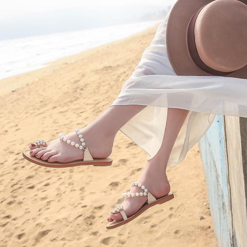 Sandals Female Students Flat Pearl Slippers Outside Wear All-match Vacation Beach Sandals and Slippers