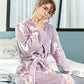 Women's Priting Nightgown Long Sleeves Bathrobe Coral Flannel Pajamas Dress Cute Cartoon Pocket Plus Velvet Thick Bathrobe with Belt