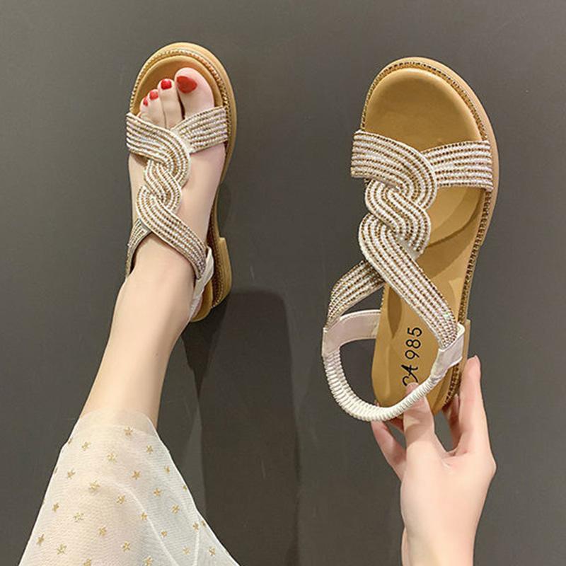 Wedge Sandals Women's Shoes Summer Soft Leather Rhinestones Comfortable Soft Bottom Low-heeled All-match Women's Flat Shoes