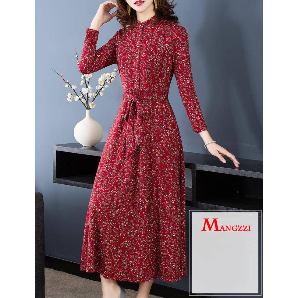 Autumn and winter stand-up collar long-sleeved waist slim dress long skirt floral skirt dress women