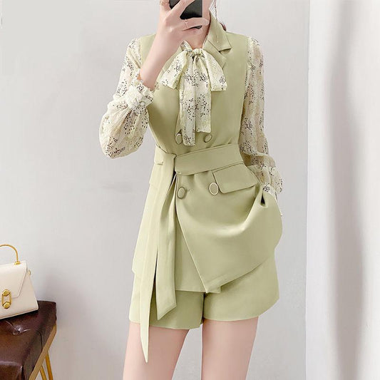 Shorts Set Women Summer Vest Coat Lace Blouse Shorts 3-piece Set Pluz Size Outfits
