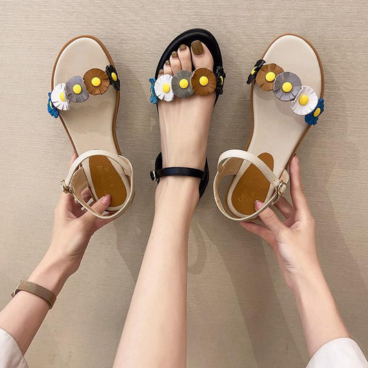 Cute Sandals Female Fairy Style Summer Wild Flowers Flat Casual Soft Sole Student Shoes