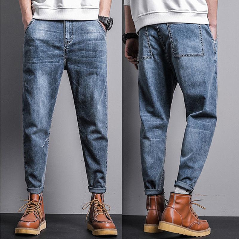 Men's Jeans Loose Straight Feet Simple and Versatile Ripped Feet Casual Nine-point Harem Pants