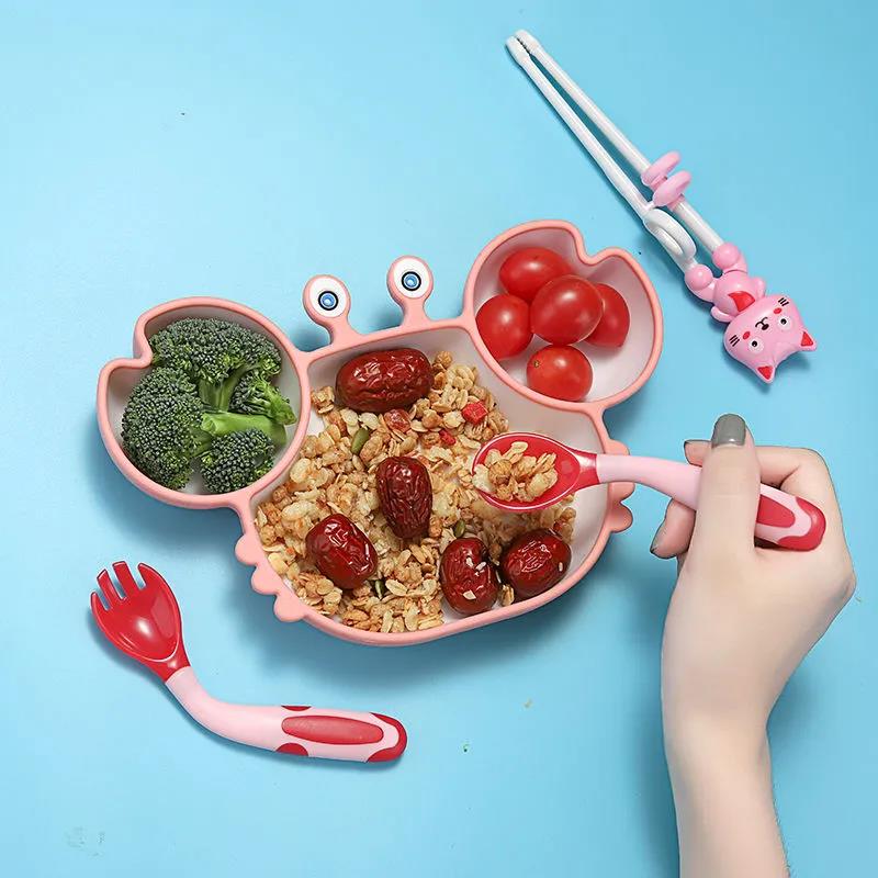 Sub-grid Silicone Sucker Tableware for Baby Cartoon Crab Anti-fall Dinner Plate Infant Kids Supplementary Food Bowl Soft Dishes