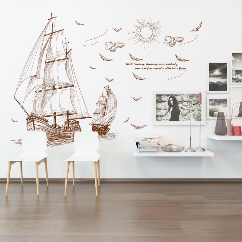 Sailing boat wall sticker 3d PVC transparent film removable wallpaper