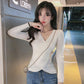 Pofulove sexy irregular long sleeve knitted bottoming shirt, V-neck tight sweater women