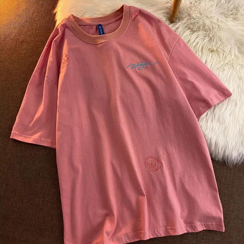 Women Summer Tees Cotton Funny Strawberry Embroidery Short Sleeve T-shirt Half-sleeve Letters Tops