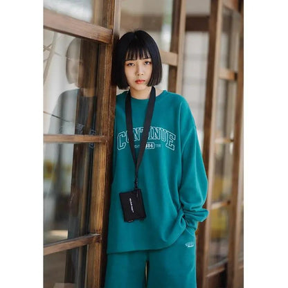 2PCS Spring and Autumn Sports Suit Women's Lazy Wind Solid Color Casual Sweater + Loose Shorts Suit Two-piece Set Hip Hop Athletic Clothing Sets
