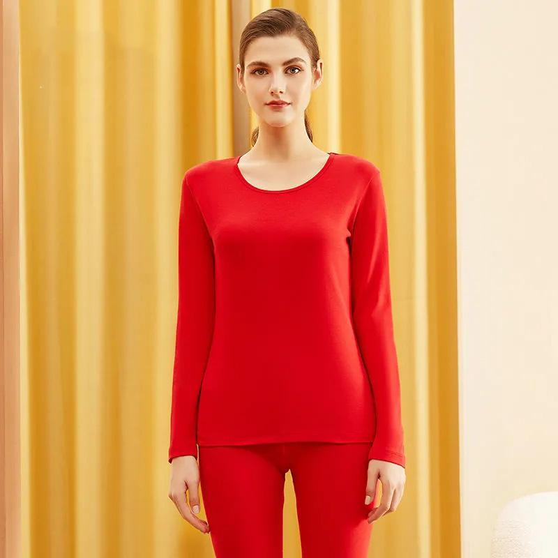 Women's Long Sleeve Cotton Thermal Underwear Round Neck Solid Color Bottoming Pajama Set Slim Fit Elastic Pants Two Piece Set Sleeping Suit
