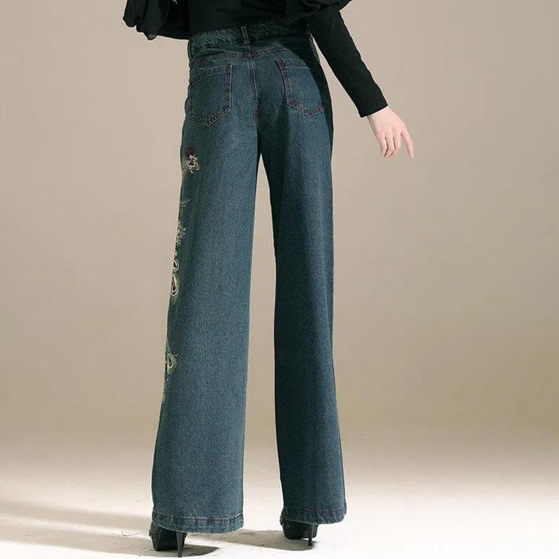 Autumn Embroidered Wide-leg Jeans Girls Plus Size Embroidered Trousers Loose High Waist Wide-leg Thigh Pants