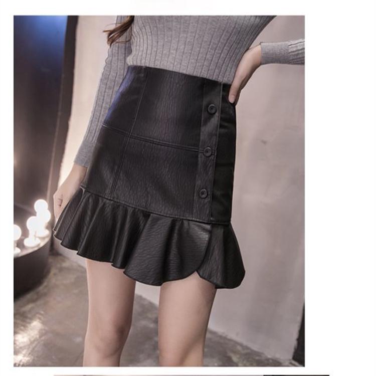 Vintage Elegant Black PU Skirts Women Faux Leather Bud Skirts Pleated Ladies Sexy Party Short Skirts