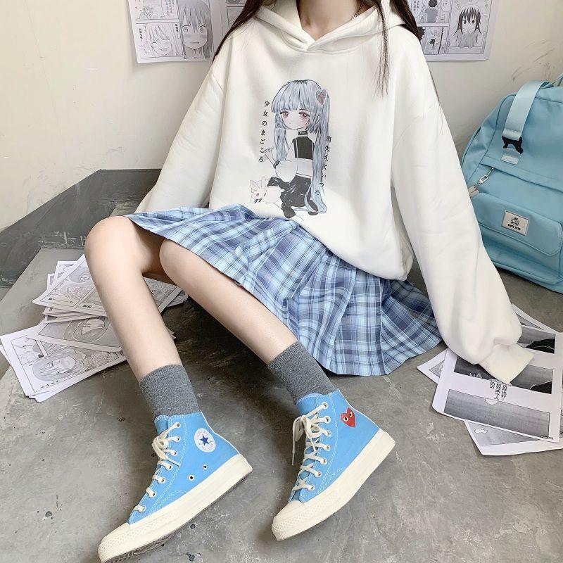 Anime Hoodies Japanese Oversized Loose Harajuku Sweatshirts Thick Fleece Fall Winter Pullovers Top Clothes Black Plus Size Fashion Streetwear Coat