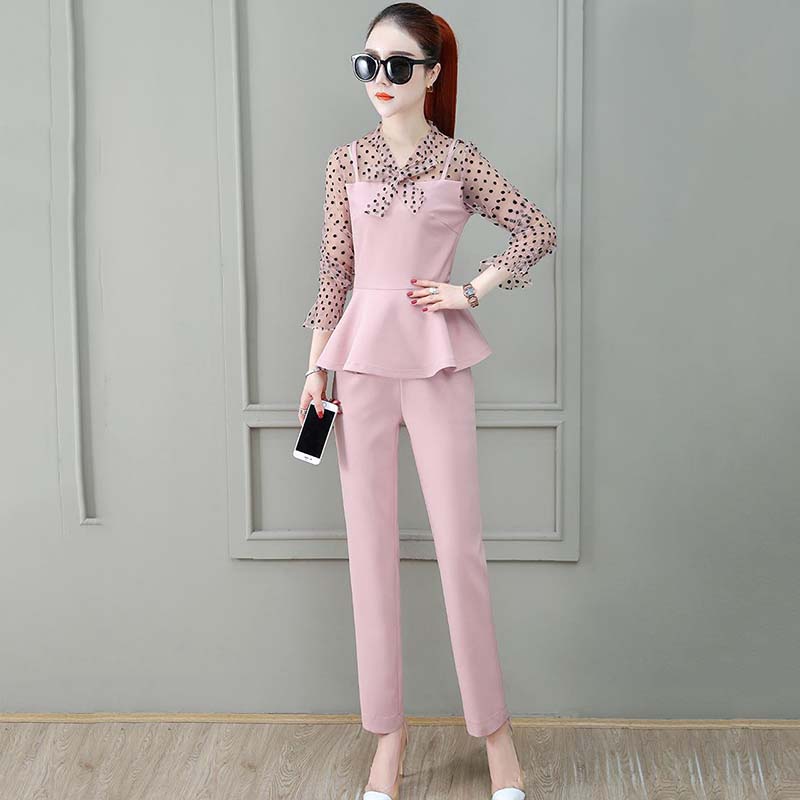 Ladies Professional Suit Xiaoxiangfeng Spring and Autumn Thin Temperament Two-piece Round Neck Long-sleeved Shirt + Casual Suit Pants