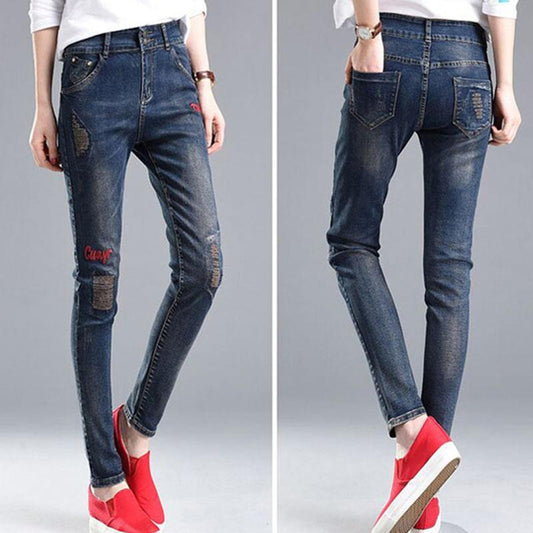 Spring and Autumn Korean Style High-waist Stretch Jeans Women's Slim Feet Pants Girls Slim Trousers