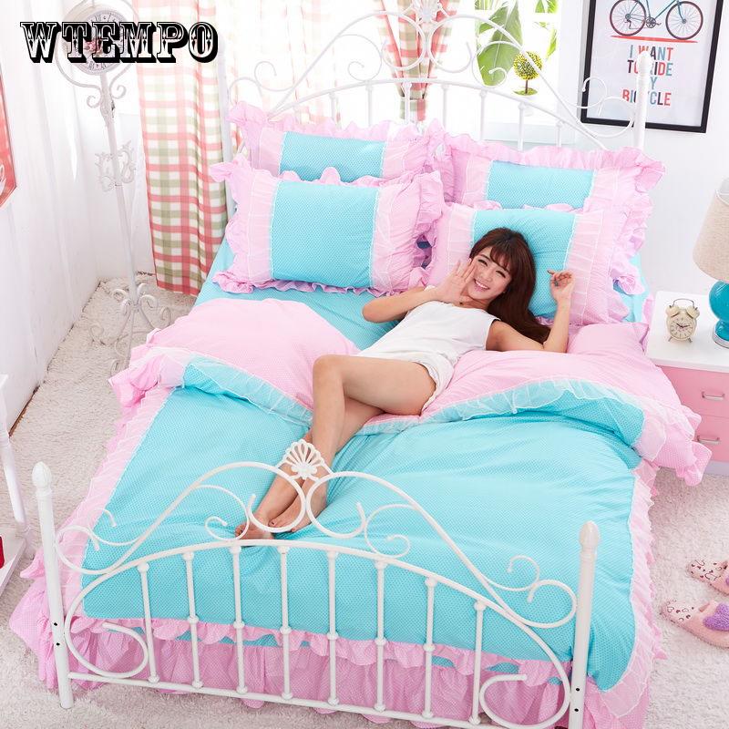 WTEMPO White Pink Lace Bedding Set Bedspread Beautiful Princess Style Kid Girls Twin Full Queen