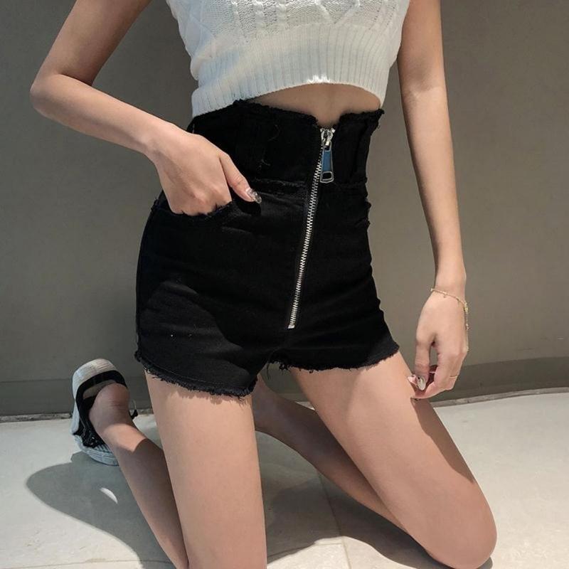 WTEMPO Long Zipper High Waist Denim Shorts Women Loose Spring and Summer Casual Shorts