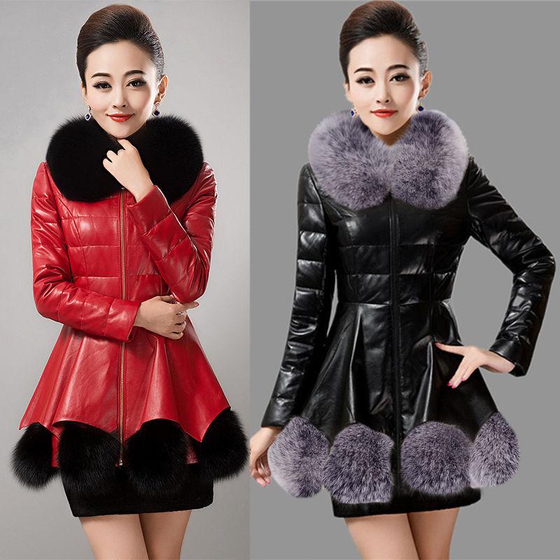 Women's Leather Coat Thickened Warm Fur Coat Winter Slimming Faux Sheepskin Coats with Fox Fur Collar Female Overcoat Outerwear