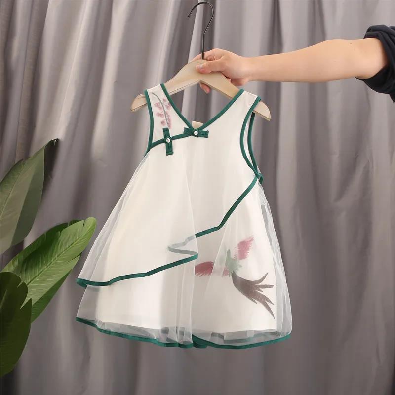 Girls Dress Temperament Cheongsam Mesh Princess Skirt Chinese Style Baby Vest Skirt Sleeveless Round Neck A-line Skirt
