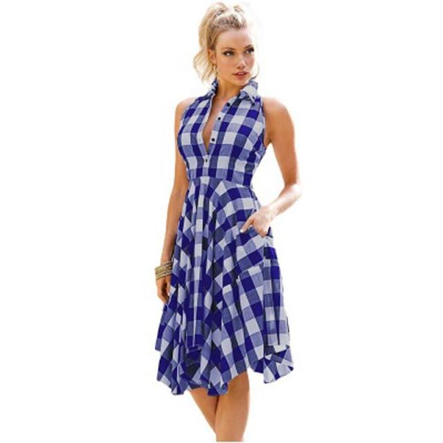 Summer Women Long Shirt Dress Plaid Sleeveless Sexy Blouse High Waist Midi Dresses Plus Size Slim Irregular Hem Casual Dress